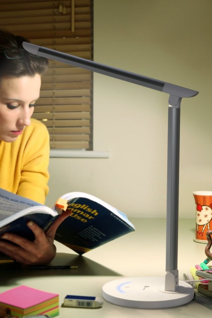 Natural daylight LED desk lamp with tall narrow shade